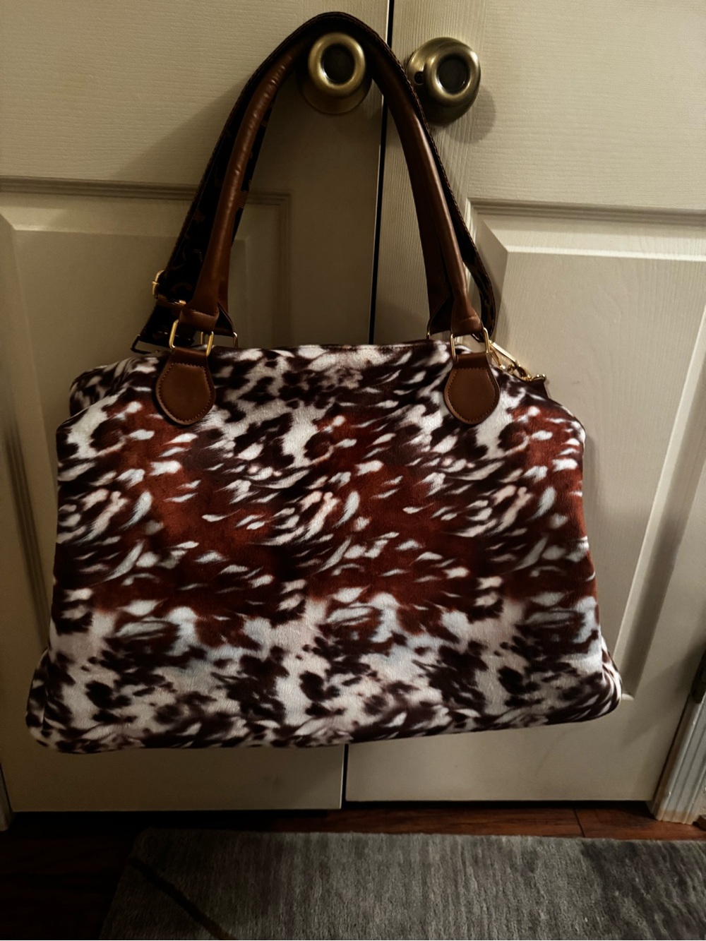 Weekenders Brown and White Animal-Print Tote with Tan Handles